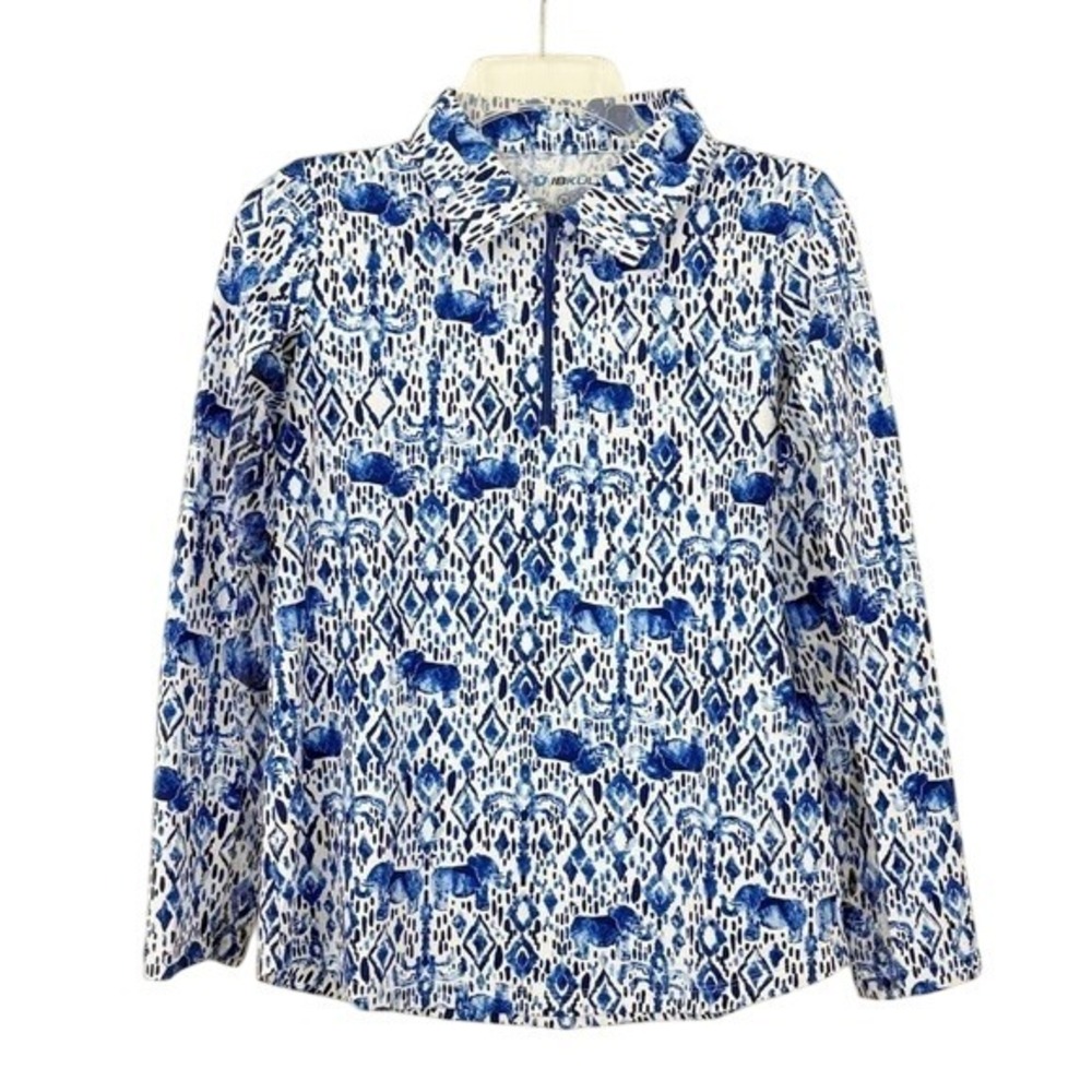 IBKUL Elephant Print Long Sleeve Mock Neck Quarter Zip Top Size S Blue White‎